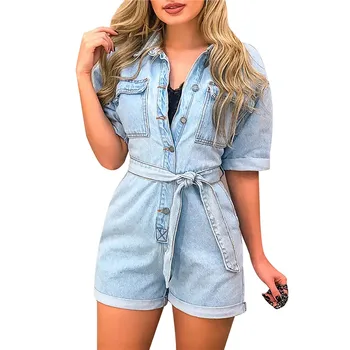 

Women's Denim Jumpsuits Rompers Short Pants Waist Overalls Casual Jeans Blue Playsuits Combinaison Femme