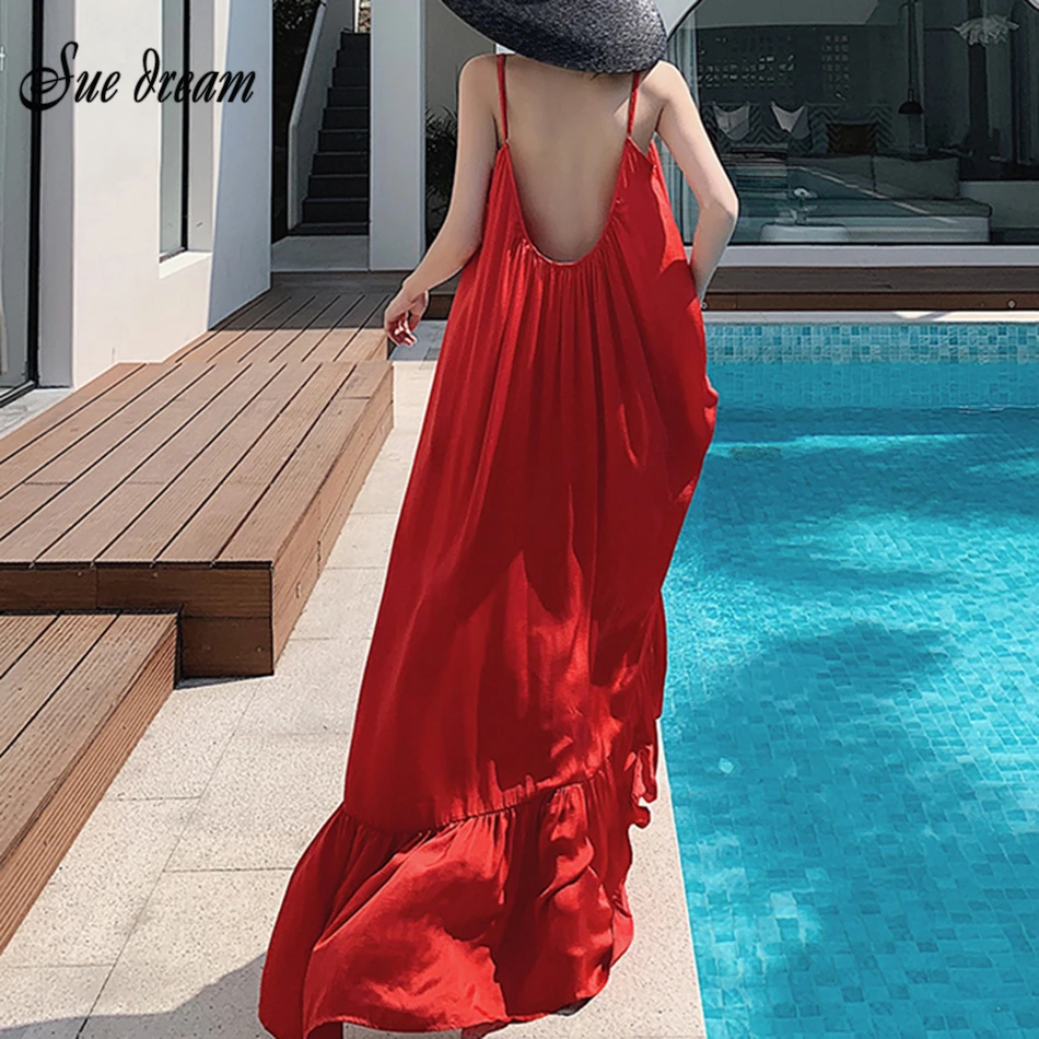 2021 Summer New Women'S Sexy Backless O Neck Red Blue Spaghetti Strap  Seaside Vacation Sanya Beach Long Dress|Dresses| - AliExpress