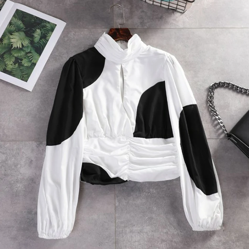 Осенняя модная новая сексуальная полая женская рубашка с воротником-стойкой фонарь с длинным рукавом контрастная рубашка женская рубашка - Цвет: Белый