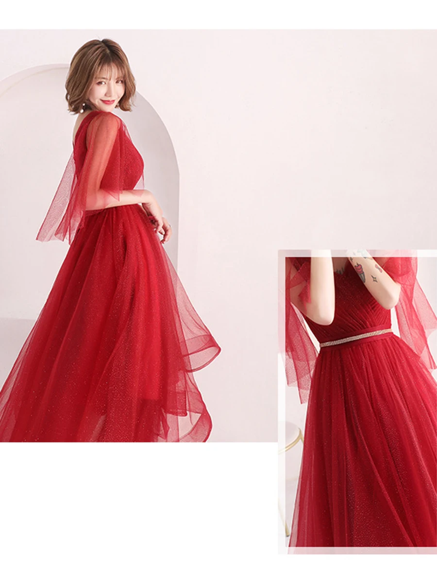 Prom Gown New Chiffon Tiered Robe De Soiree V-neck Short Sleeve Prom Elegant Dresses Red Lace Up Shining Prom Dress E133