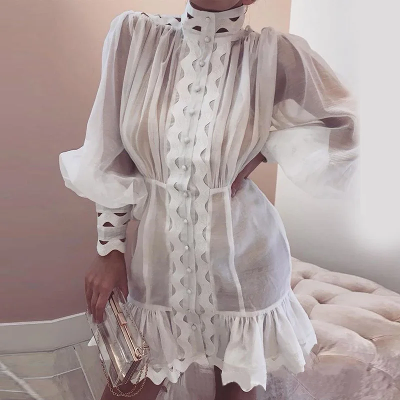 

Paris Girl Casual Hollow Out Mini Dress Women Stand High Waist Lantern Sleeve Ruffles Slim Short Dresses Female Spring Fashion