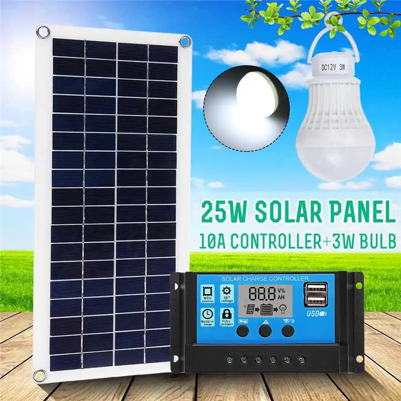 25 Вт Панели солнечные 18V+ 1 шт. 3W 12V Светодиодный светильник+ 12/24V 10A USB контроллер солнечной Зарядное устройство Батарея для автомобилей Boat Солнечный Системы наборы