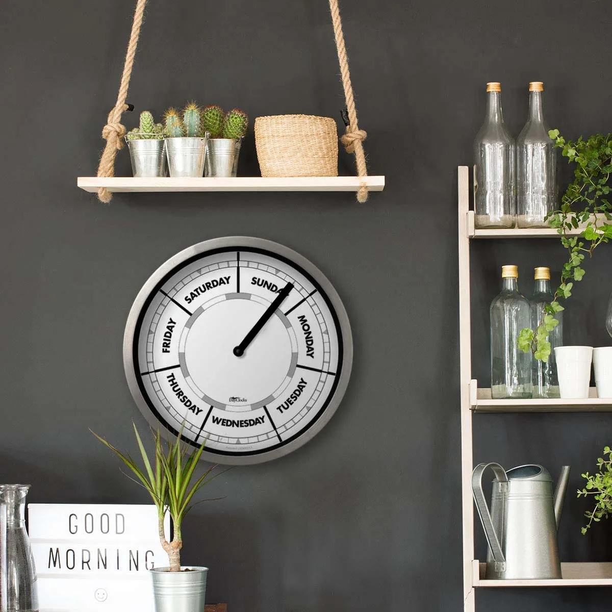 Classic Day-of-The-Week Wall Clock with Solid Aluminum-Round Frame – Weekly Clock with Noon & Midnight Markers – Quiet - 5