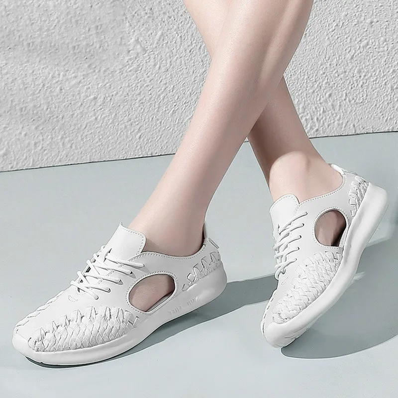 

2018 Summer Women Shoes Flats Woven Zapatos Mujer Solid White Lace Up Chaussures Femme Shallow Breathable Sneakers