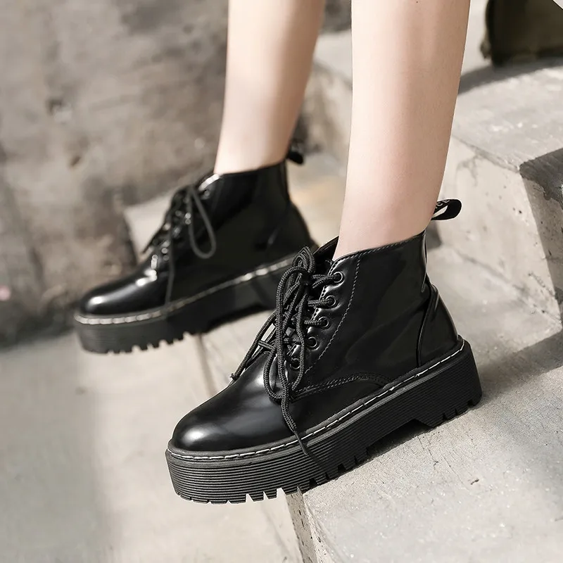 

Brand Women's Shoes Med Heel Boots Lace Up Booties Ladies Round Toe Bootee Woman 2019 Fashion Chunky Rubber Rock Mid Calf Mid-Ca