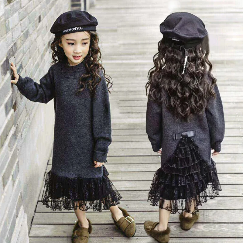 

New Girl Autumn Winter Long Sweater Dress with Lace Bottom Slim Fit Girls Slit Knit Wear For Teenagers Knitted Dress 5-14 Years