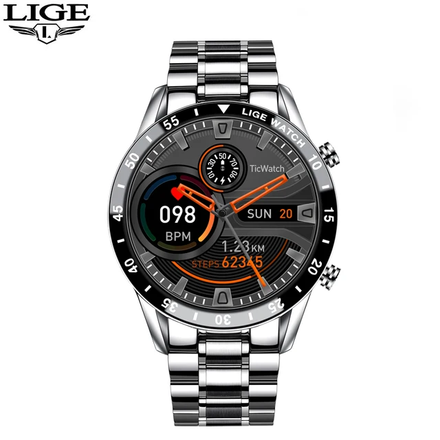 LIGE 2022 Full Circle Touch Screen Steel Band Luxury Bluetooth Call Men Smart Watch Waterproof Sport Activity Fitness Watch+Box Silver S