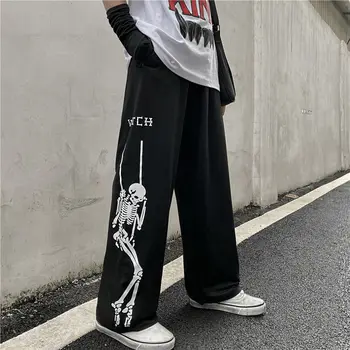 

new long pant 2020 Korean trendy skull printing loose wide leg straig pants casual trousers for Couples men and women clothes