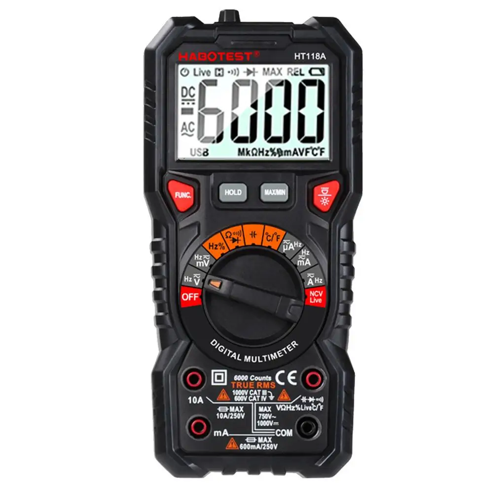 HT118A HABOTEST ЖК-цифровой мультиметр 6000 отсчетов Автоматический диапазон NCV AC/DC измеритель напряжения задний светильник безопасность Ручные Цифровые мультиметры - Цвет: HT118A