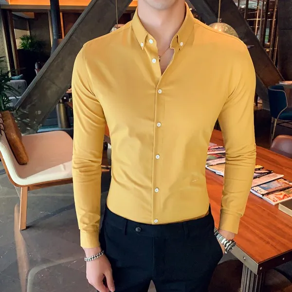 Цвет: желтый Camisa Masculina/осенне-зимние мужские рубашки, Высококачественная Белая Рубашка с длинными рукавами для мужчин, приталенная Мужская рубашка в полоску, блузки - Цвет: Цвет: желтый