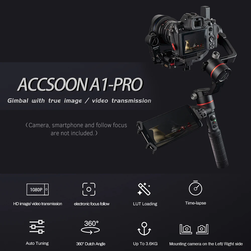 ACCSOON 3-Axis Handheld Camera Gimbal HD Image Video Follow LUT Loading with Canon Nikon Sony DSLR ILDC Max. Load Capacity 3.6kg