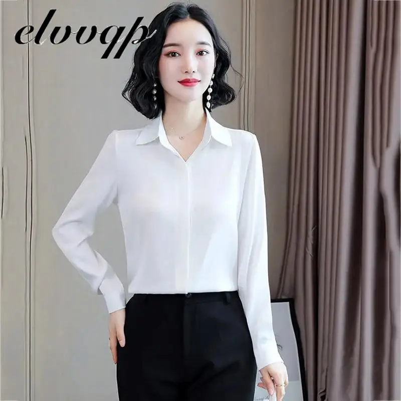 shirts Blouses Women Fashion Casual Tops Female Solid Color Elegant Office Work Long Sleeve Blouse OL Style Shirt Simple Top