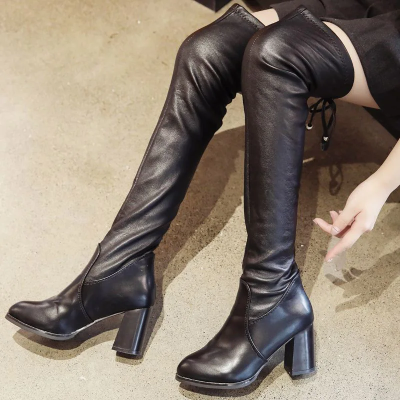 Taoffen Slim Thigh High Boots Women Solid Color High Heels Shoes Winter Warm Long Boots Women Over The Knee Boots Size 35-40
