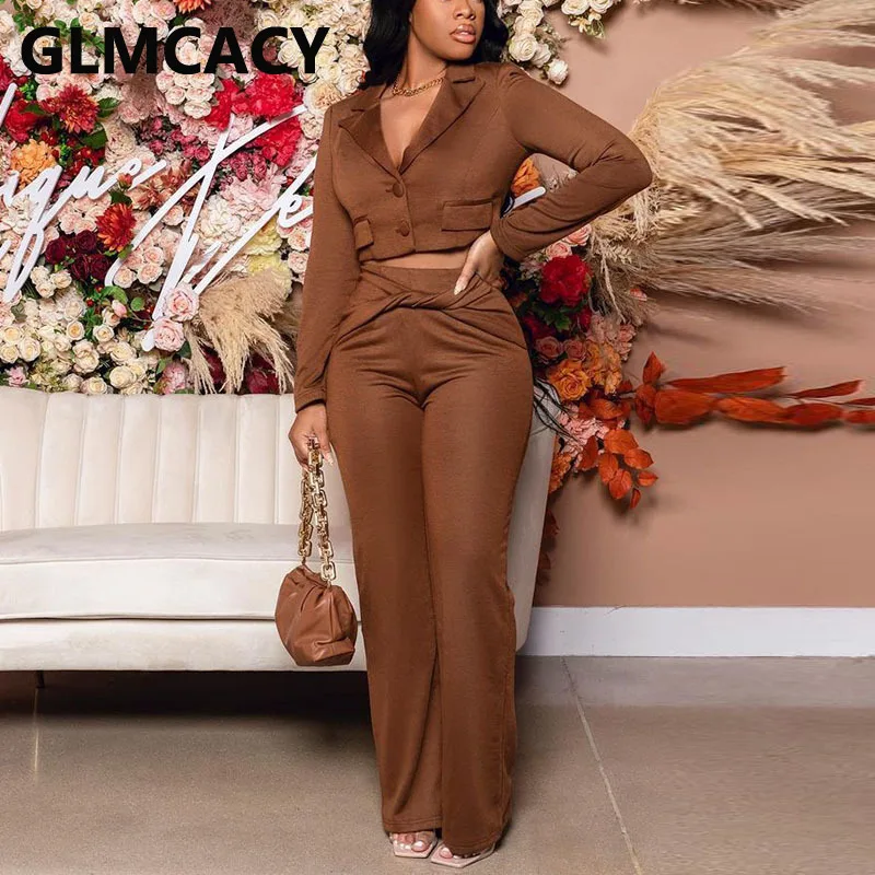 Women Two Piece Chic Blazer Set Long Sleeve Notched Lapel Crop Top Jacket &  Chic Dress Pants Set