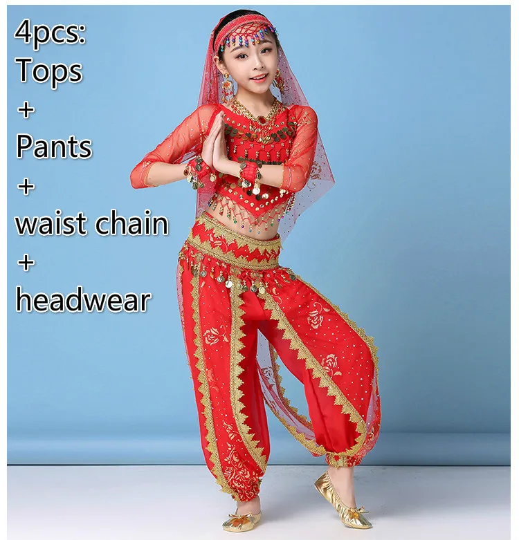 4pcs red Костюм для танца живота, комплекты для девочек, детское платье для индийского танца, детская танцевальная одежда Для Болливуда, одежда для восточных танцев - Цвет: 4pcs red