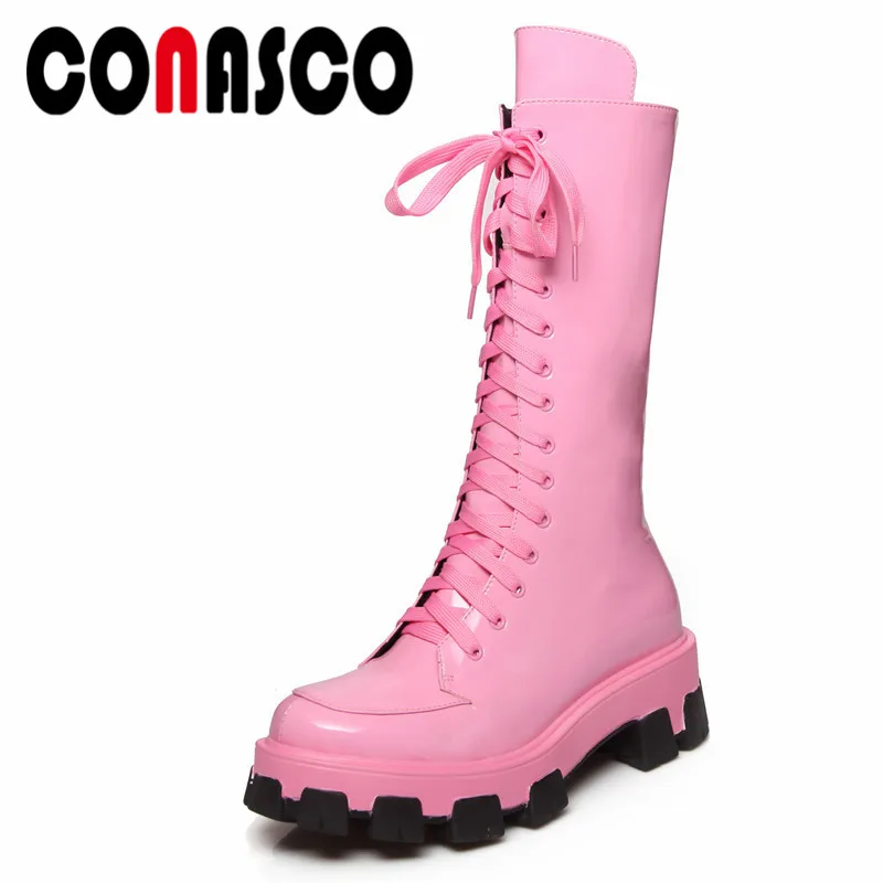 

CONASCO Woman Piatforms Shoes Short Boots Spring Autumn Four Season Motorcycle Boots Side Zipper Genuine Leather Shoes Woman