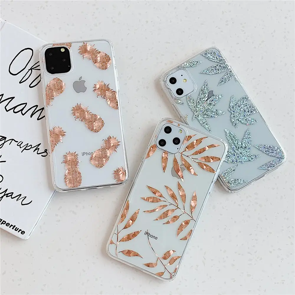 

Luxury Glitter Pineapple Maple Leaf Phone Case For iPhone XR XS 11 Pro Max X 6 6S 7 8 Plus Vintage Transparent Back Cover Coques