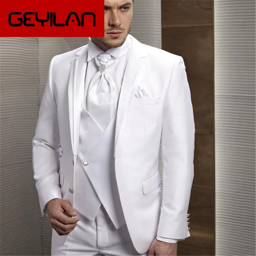 

2019 White Men Suits Groom Tuxedos Notch Lapel 3 Pieces Wedding Suits (Jacket+Pants+Vest) Formal Prom Suit