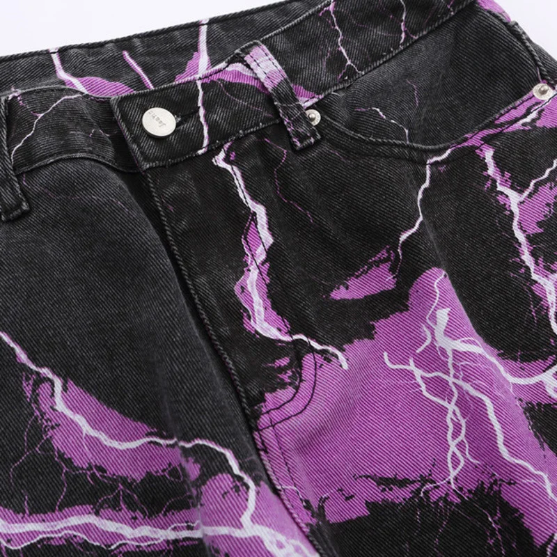 High Street Streetwear Jeans da uomo stampati con fulmini viola Jeans  larghi larghi Casual Hip-Hop pantaloni in Denim Harajuku _ - AliExpress  Mobile