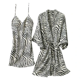

2 Pieces Night gown Robe Set Women Satin Ice Silk Nightdress Zebra Pattern Home Wear Sexy Sleepwear with Chest Pad Pajama