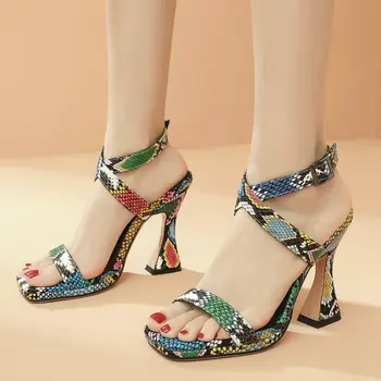 

2020 New Summer Women Sandals Fashion Open Toe Snake Print High Heel Sandals Ladies Buckle Party Shoes Gold Yellow White