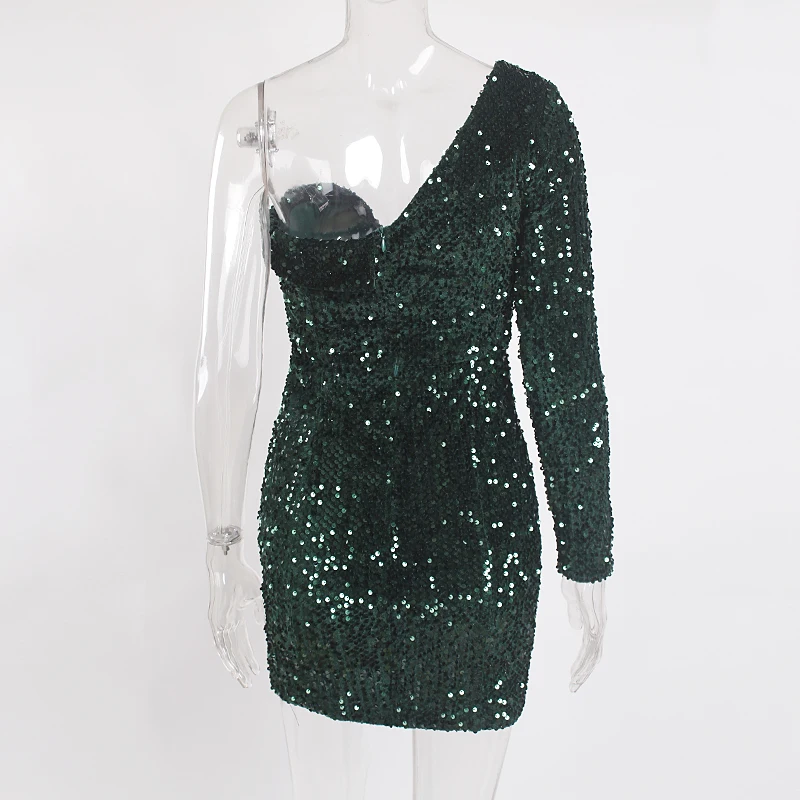 Одно плечо зеленый блестками Короткие вечерние платья один рукав Bodycon сексуальное мини-платье