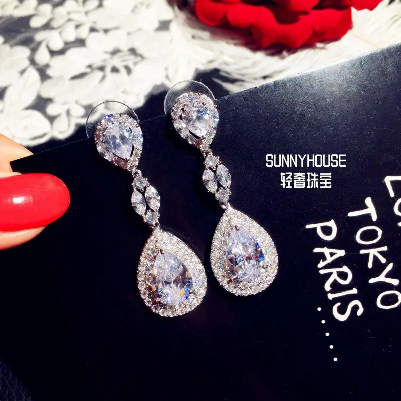 Роскошные серьги Bague Ringen с кристаллами для женщин, длинные висячие серьги в форме капли, Стерлинговое серебро 925, ювелирные изделия для девушек, вечерние, подарок