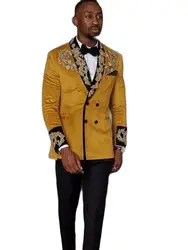 2Pcs Shawl Lapel Yellow Jacket Black Pants Custom Made Embroidered Blazer Trousers Men's Suits Sets Wedding Party Wear Clothing