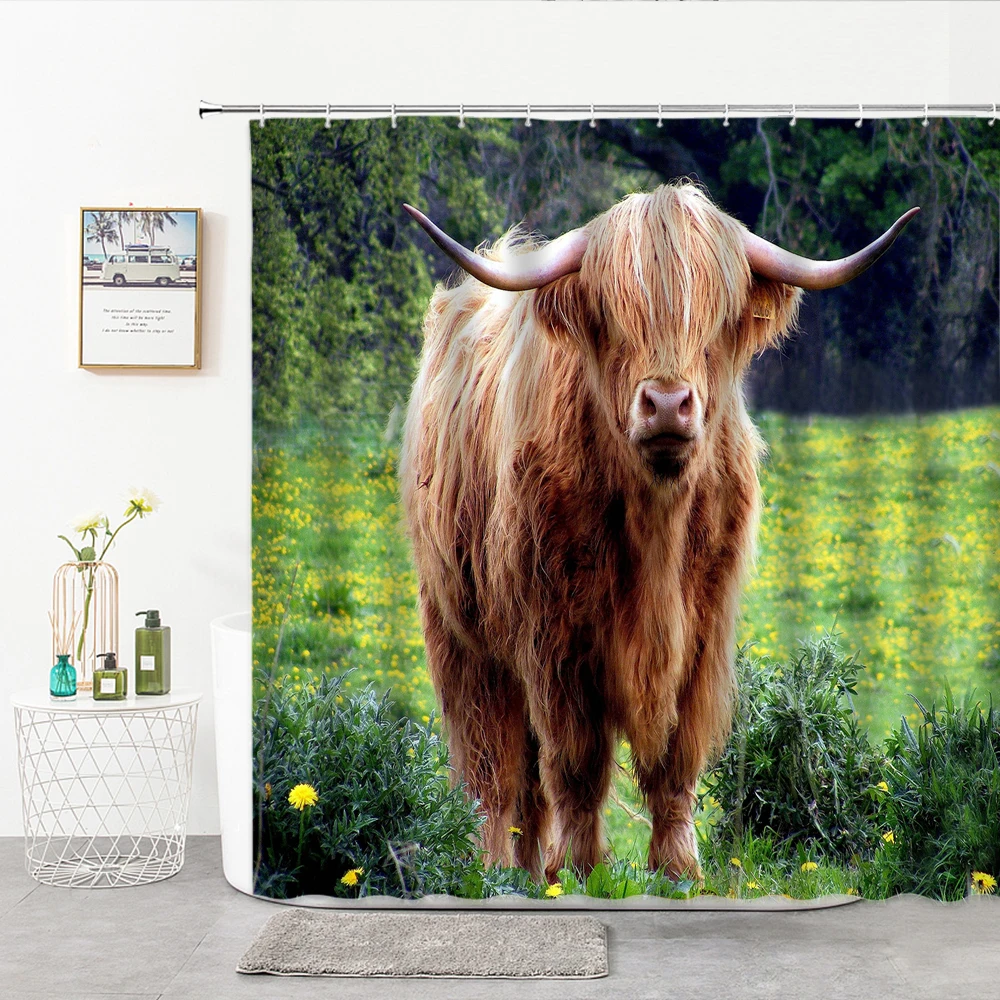 

Моющаяся занавеска для душа Highland Cow Grassland, занавеска для ванной с 3D принтом, тканевая занавеска для ванной комнаты, декоративная занавеска для душа с принтом животных s