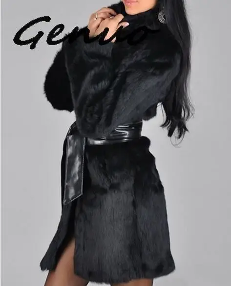 New Arrival Elegant Winter Coat Women Fur Shaggy Thick Warm Slim Fit Black Belt Pocket Ladies Imitation Mink Fur Coat Plus S-5xl