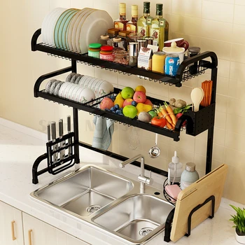 

Black kitchen sink, rack, stainless steel dish-and-dish, multi-laye shelf organizer rack etagere sponge holder shelves