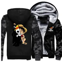 One Piece Luffy Jackets Men Hoodies Anime Sweatshirt Zipper Winter Thick Fleece The Pirate King Coat Sportswear Camo Streetwear