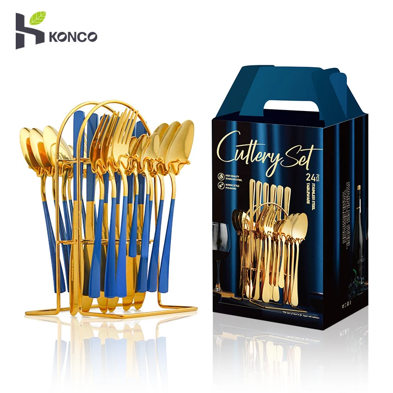 

Konco 24pcs Gold Cutlery Set Stainless Steel Tableware Set With Storage Rack Knife Fork Spoon Luxury Dinnerware Set Give gifts