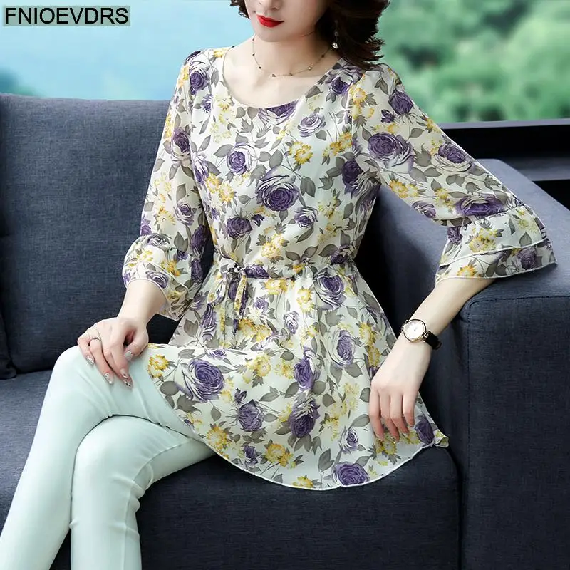 Loose Lazy 5XL 4XL 3XL Clothes Elegant Blusas Women Summer Blouse Floral Print Office Lady Belly Vintage Retro Tunic Peplum Tops