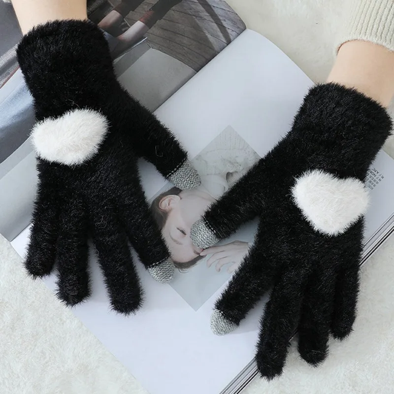 BK Вязаные женские перчатки с сенсорным экраном, новинка, зимние мягкие вязаные перчатки из кроличьей шерсти, теплые милые розовые рукавицы с сердечками для девочек, перчатки - Цвет: BK