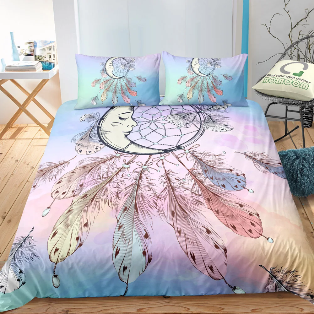 3D постельный комплект с ловцом снов наборы Радуга Луна как фон dreamy Разноцветные перья печать домашний текстиль для девочек