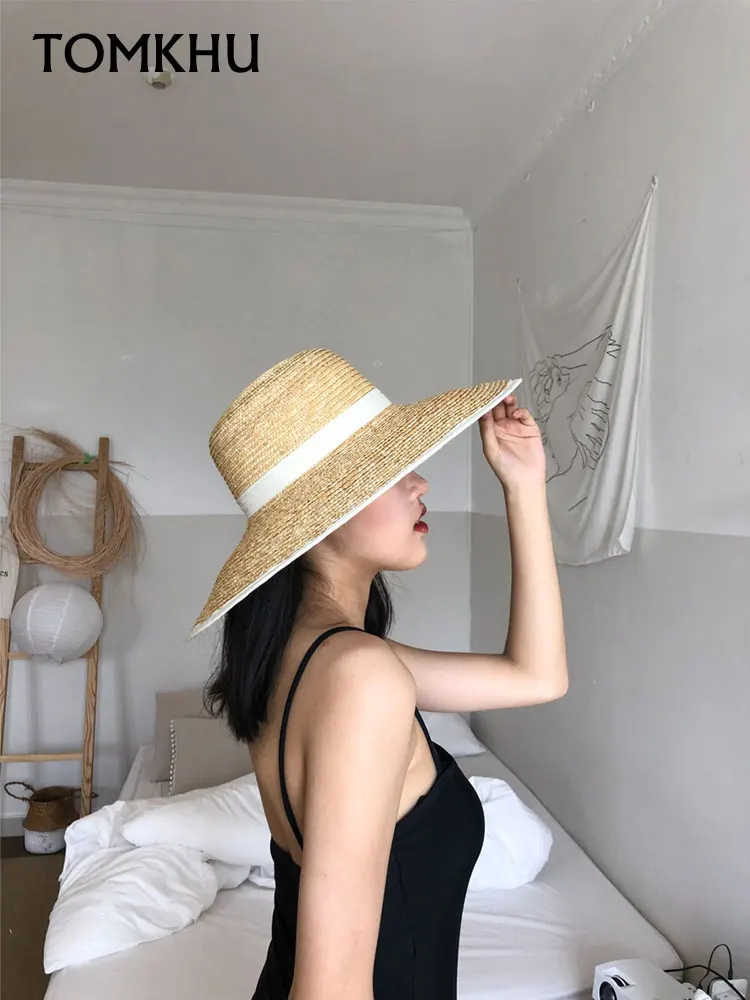 

TOMKHU Dome White Edging French Straw Hat Large Brim Straw Hat Beach Sun Hat 2020 New Summer Hats for Women Holiday