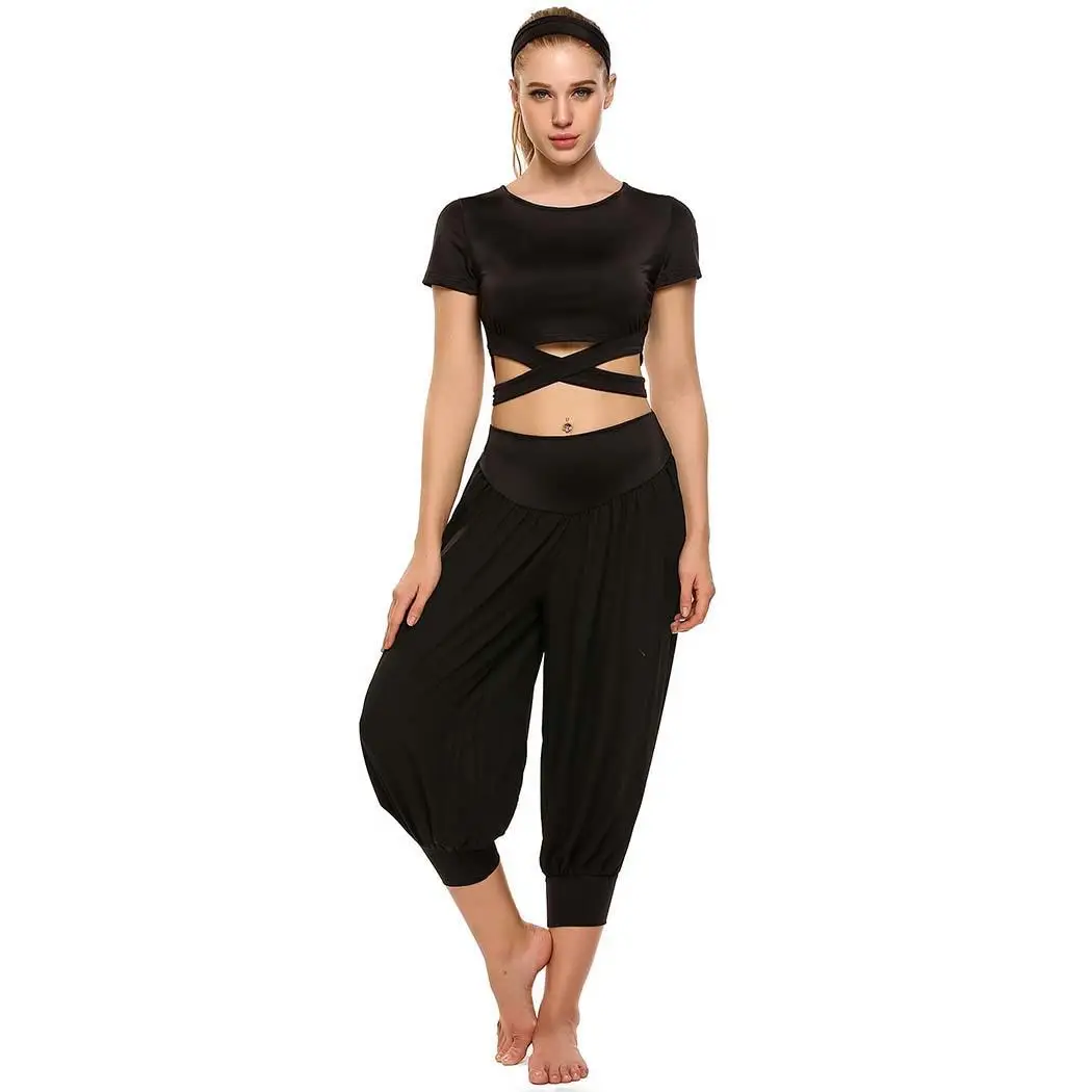 Women 3 Pieces Yoga Set Short Sleeve Crop Cropped Solid Top Chiffon Pants Summer Elastic Headband Set Fitness