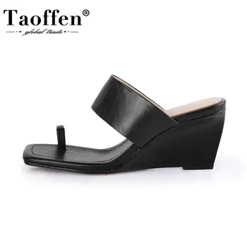 

Taoffen Women Sandals Shoes Fashion Solid Color Slippers Flat High Heels Shoes Women Genuine Leather Lady Footwear Size 33-40