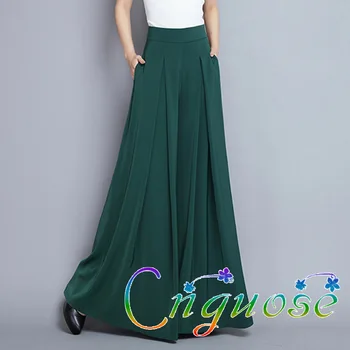 

2020 Spring and Summer New Elegant Retro Pleated Chiffon Green Black Solid Color Ladies Wide-leg Trousers Women Fat Leg pants