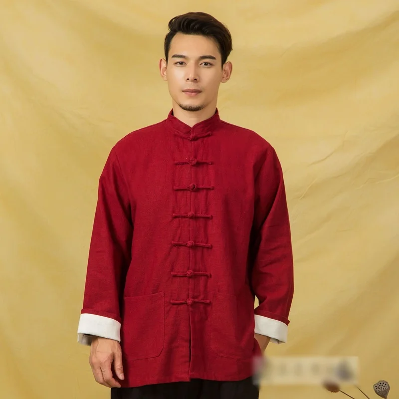 Традиционная китайская одежда для мужчин, Винтажные льняные рубашки с длинным рукавом и воротником, костюм Тан, Восточная Одежда Кунг-фу, мужские топы KK3218