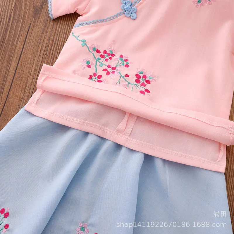 Spring Summer New Style Children Chinese Clothing Cotton Linen Short Sleeve CHILDREN'S Suit Chinese-style Handmade Frog Girls Ch