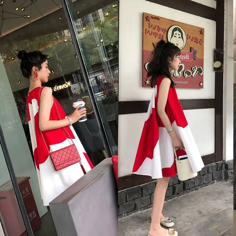 

2019 Summer Wear New Style Korean-style Mid-length Fashion Mom Mixed Colors Sense of Design Pregnant Women Dress-Style Sleeveles