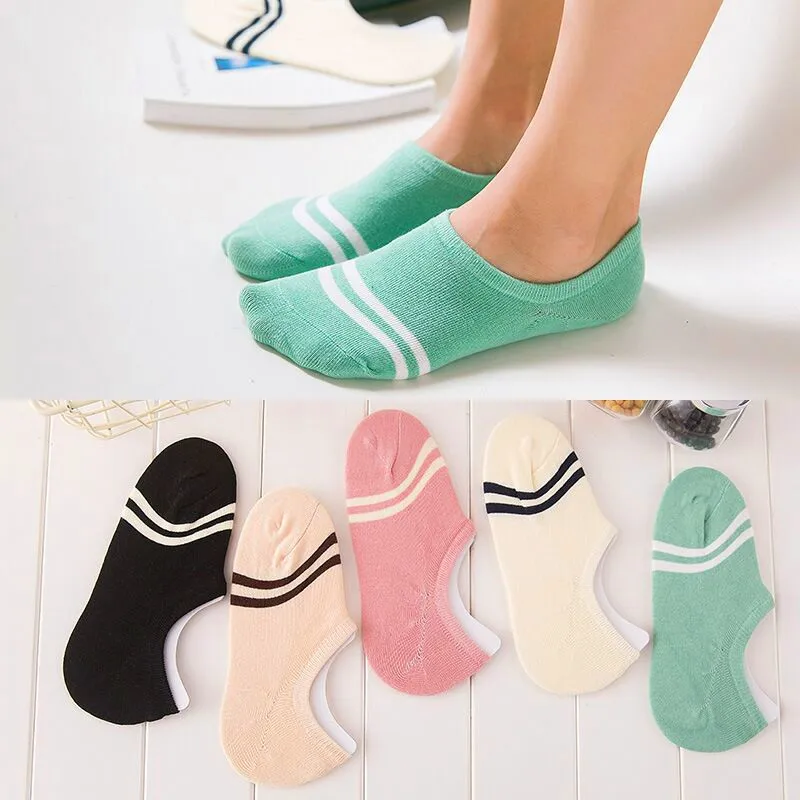 

5Pairs Candy Color Solid Invisible Non-slip Low Cut Socks Fashion Women Casual Stripe Number Cotton Breathable Girls Boat Socks