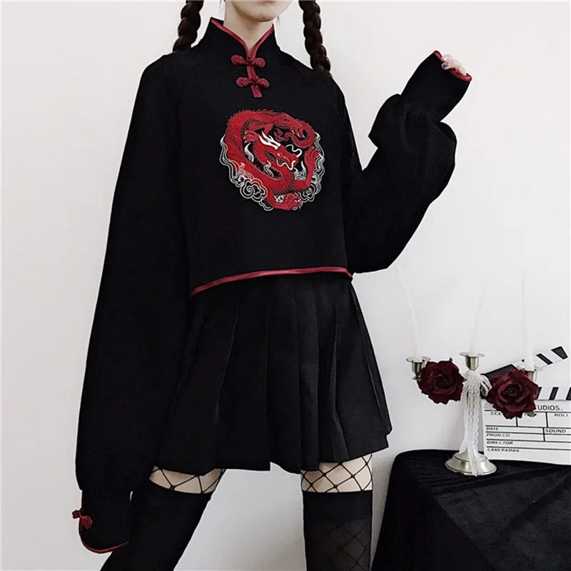 Японское кимоно стиль черный Harajuku Мори девушки дракон вышивка с длинным рукавом Cheongsam Толстовка для женщин каваи Qipao Топ FF2275
