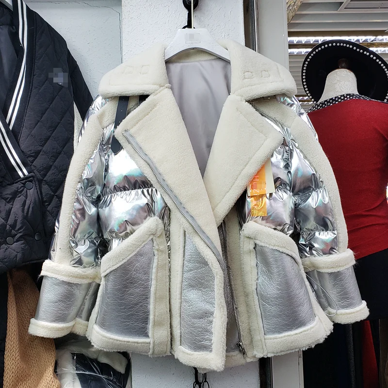 Серебряная Женская куртка-парка, новинка, модная уличная свободная Светоотражающая куртка, женская зимняя короткая куртка из овечьей шерсти