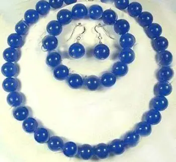 

10mm Blue Sapphire Gemstones Round Beads Necklace bracelet Earrings set AAA jade