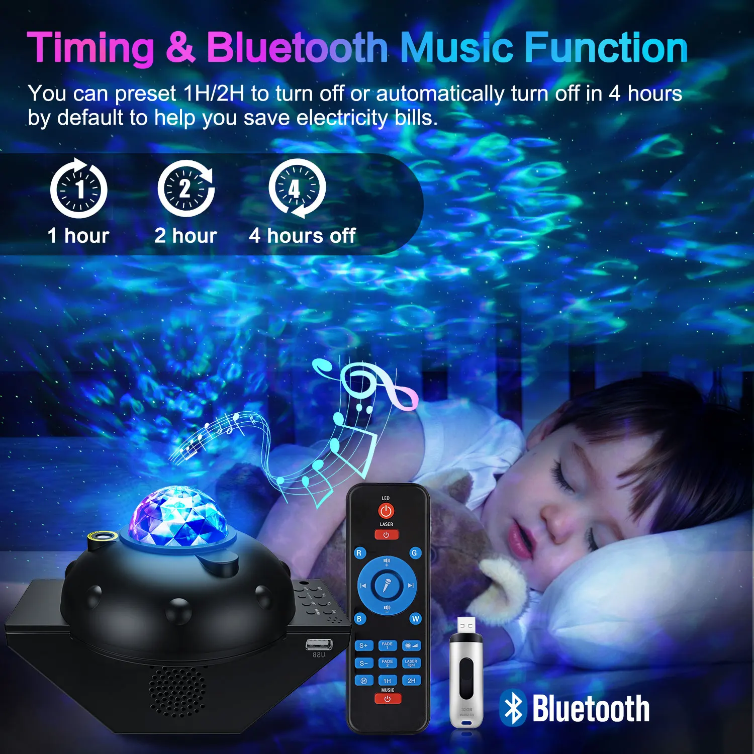 Starry Night Light Projector for Bedroom，Sky Galaxy Projector Ocean Wave  Projector Light Bluetooth Music Speaker, As Gifts for Birthday Party  Bedroom 