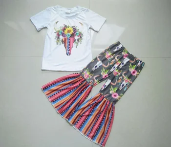 

Baby girls white shirt top cow skull print design bell bottom pants southern style kids children popular outfits clothing sets