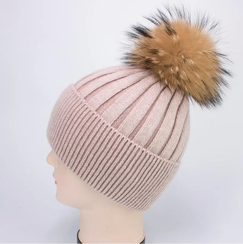pink gold YCFUR Повседневная Женская Шапка-бини с меховым помпоном большого размера для дам, шерстяные шапки-бини, женские шапки - Цвет: pink gold
